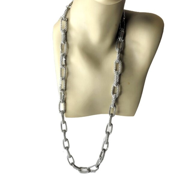 Oval Chain Link Necklace with Earrings Set, Silvertone Casual Summer Necklace - Picture 2 of 7